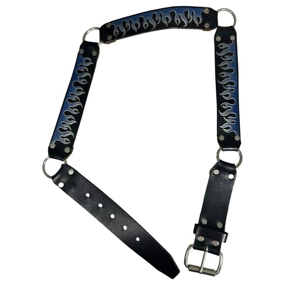 Vintage 90s Blue Black Flame Leather Ring Grunge Rocker Belt Large 36 38 - READ - Picture 1 of 6